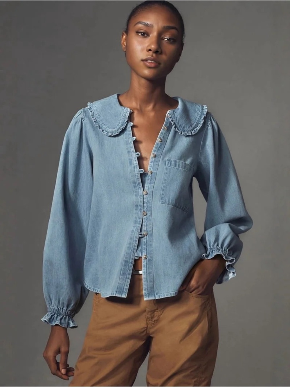 Light Denim Jacket with Ruffled Peter Pan Collar